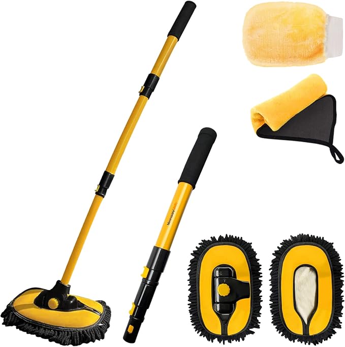 Car Wash Brush Mop with Long Handle, Car Wash Kit with 2 Chenille Mop Heads, 15° Curved Extension Pole Scratch-Free Microfiber Mitt Sponge Car Cleaning Supplies Accessories, Yellow/Black