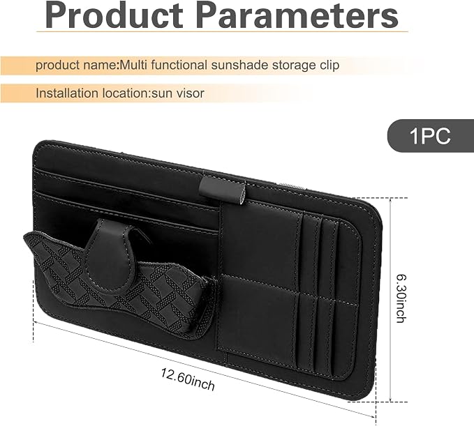 Car Sun Visor Organizer, Multi-Function Leather Car Visor Storage Pouch for Sunglasses Cards Licenses Pens, Multi-Pocket Visor Organizer, Universal for SUV, Sedan, Truck (Black)