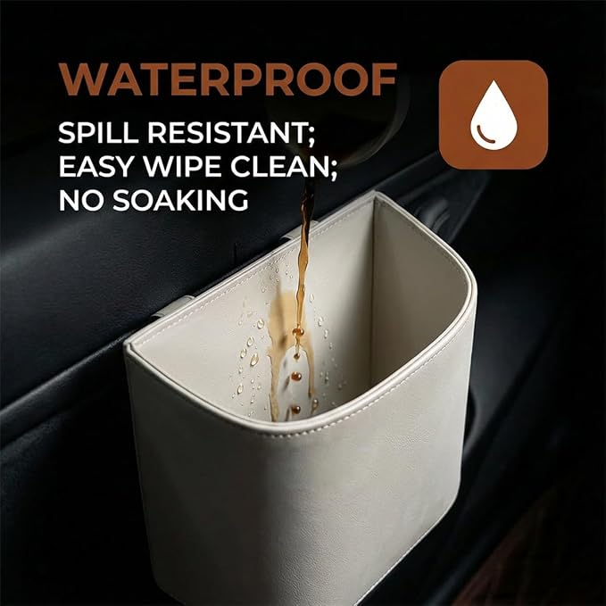 Leather Car Trash Can, Clip on Small Car Garbage Can, Waterproof Leakproof Back Seat Trash Bin, Multifunctional Vehicle Storage Organizer for Trucks, SUVs (White)