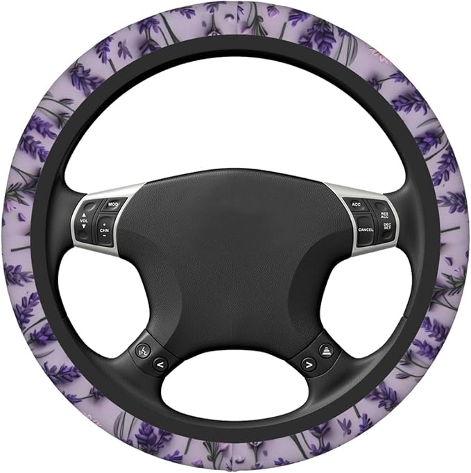 Car Steering Wheel Cover with Anti-Slip Lining, Universal 15 inch Wheel Cover, Fashion Car Interior Accessories for Women Men - Purple Lavender Flower