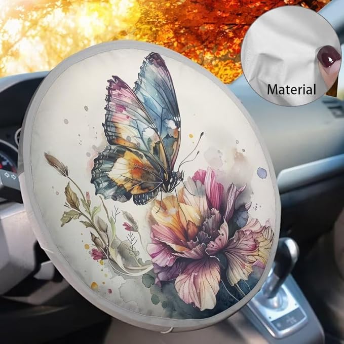 Universal Car Steering Wheel Sun Shade Cover, Butterfly Floral Heat-Resist Aluminum Foil Steering Wheel Cover for Most of Car SUV Truck Van
