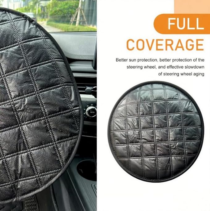 Shakas Car Steering Wheel Cover Sun Shade, Aluminum Film Car Wheel Cover Heat Insulation Cooling, Thickened Anti-aging Foldable Reflective Protector, for Most Cars SUV Truck Van (Black)