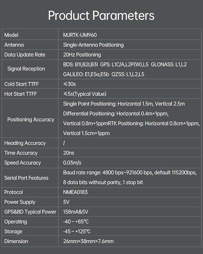 MJ RTK Module, Centimeter-Level high-Precision Tracker, All-Constellation(GPS/BDS/GLONASS/Galileo/QZSS) GNSS Receiver, Real-time Positioning of Vehicles and GPS surveys (MJRTK-UM960)