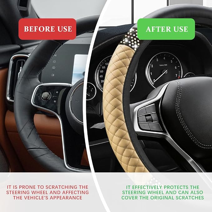 Bling Soft Leather Steering Wheel Cover, Steering Wheel Protector, 15 Inch Rhinestones Car Elastic Protector with Crystal Diamond for Women Girls, Car Accessory for Vehicles (Beige)