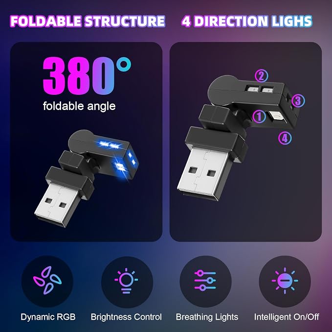 2 Pcs Mini USB LED Light Car LED Interior Lighting 5v RGB Foldable Ambient Lighting Adjustable 8 Color and Brightness Smart USB Night Lamp for Cars Laptop Keyboard (Manual Switch Type-c)