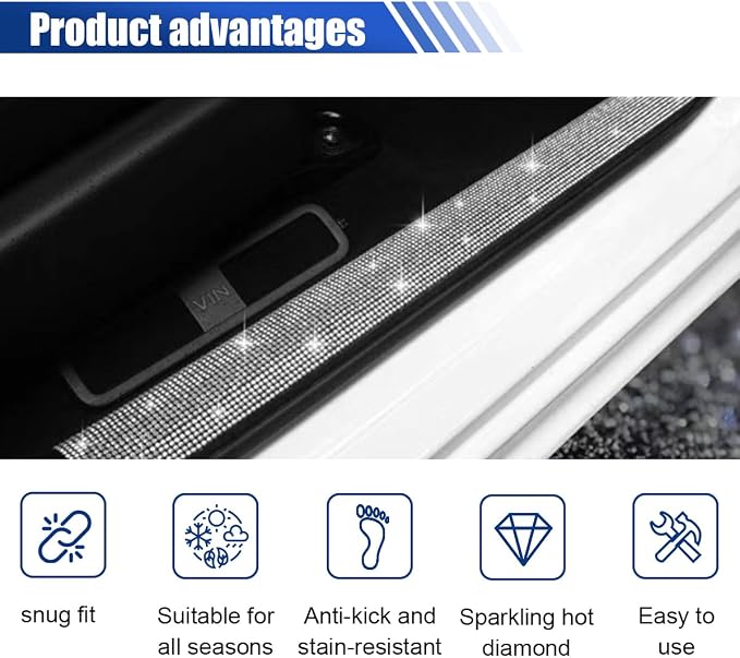 2PCS Car Door Edge Entry Guard, Bling Rhinestone Car Anti-Collision Adhesive Sticker Strip, Door Sill Strip for Rear Bumper Car SUV, Threshold Protective Stickers for Women (White)