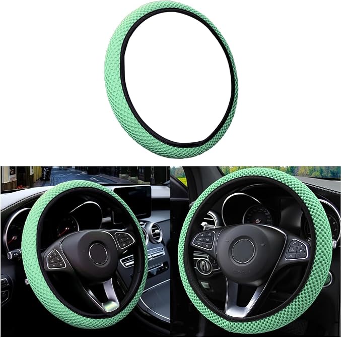 Moly Magnolia Elastic Stretch Steering Wheel Cover, Universal 15 Inch Auto Steering Wheel Cover, Microfiber Breathable Ice Silk, Anti-Slip, Odorless,Warm in Winter and Cool in Summer (Green)