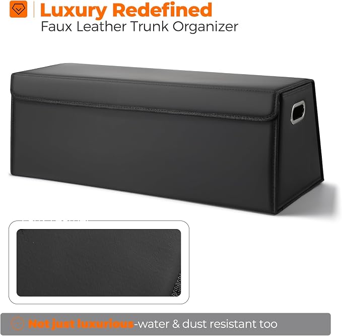 Car Trunk Organizer for SUV and Sedan, Trapezoidal-Black, 29.5 in | Tailored for Rear Seats, Extra Large, Leather Storage Box, Magnetic Lid, Collapsible & Adjustable, Water‑Resist & Dust‑Proof