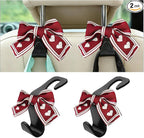 2PCS Car Seat Headrest Hooks, Cute Bow Vehicle Backseat Storage Hanger for Handbag Umbrella Coat, Automotive Seat Back Hook Holder Organizer Decor, Universal for Vehicles (Red/Beige)