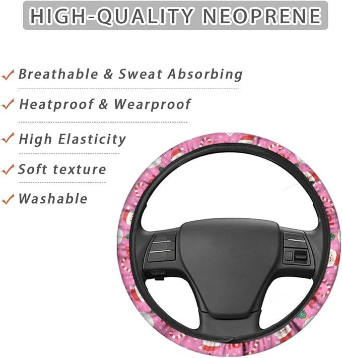 Steering Wheel Cover for Women Sweat Absorbing Non-Slip Protection | Santa Claus Pink Print, Universal Fit Most Car Sedans SUVs, Comfort Grip Breathable Steering Wheel Protector