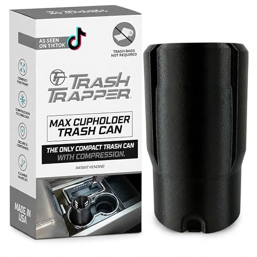 Car Trash Can Cup Holder | Max Car Trash Can | Fits in Most Cupholders | 5.6" x 3.5" | Traps More & Empties Less, Patent-Pending Compaction, Holds Many Weeks Small Garbage, Black/Grey