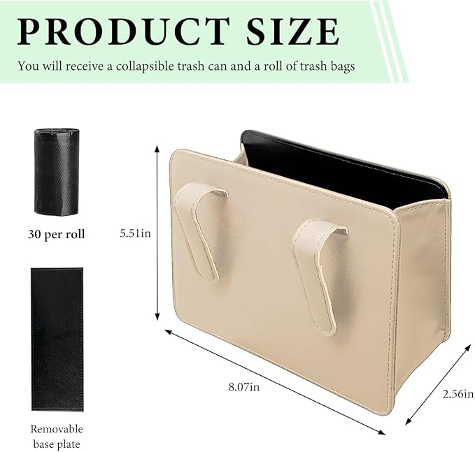 Car Trash Can, Foldable Leather Automotive Garbage Bin Organizer Holder with One Roll Trash Bag, Multi-Function Mini Hanging Dustbin Storage Bag Container for SUV Truck RV (Beige)