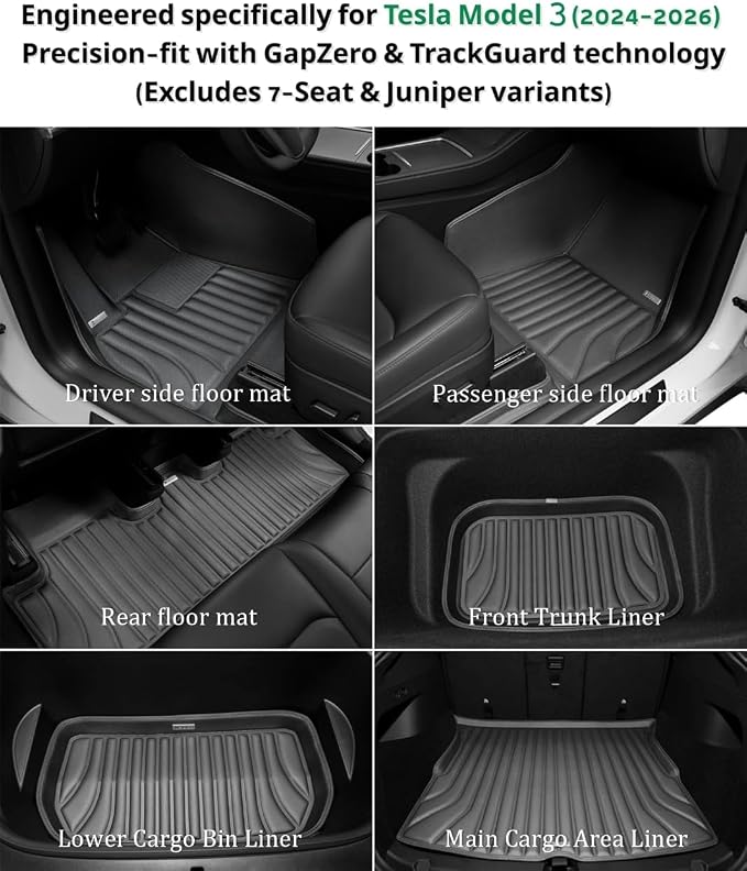 Floor Mats & Cargo Liners Compatible with 2024-2026 Tesla Model 3 Highland, All-Weather Full Cabin Protection System, Premium Soft Mat Set for Floors, Trunk, Frunk & Seatbacks