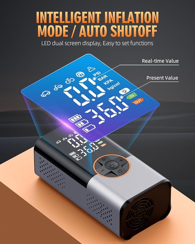 Tire Inflator Portable Air Compressor, Cordless Tire Pump with LED Super Bright Light for Car, Bicycle, Motorcycle