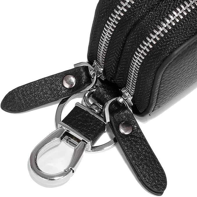 Key Fob Case Genuine Leather, Double Zipper Car Key Holder & Key Wallet with Keychain, Key Pouch for Purse Gift