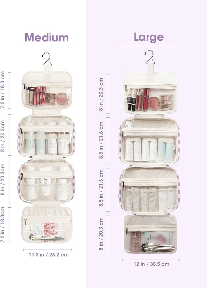 Travel Toiletry Bag for Women Large Hanging Makeup Bag Organizer Toiletries Bag for Full Size Essentials Accessories Cosmetics (Purple Checkerboard (Large))