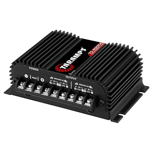 TS 400x4 2 Ohms Black Multichannel Stereo Amplifier 400 Watts Rms, 4 Channels, Full Range, Car Audio Digital 2 Bridged Channel, Crossover High/Low Pass, with RCA and Automatic High Level Input