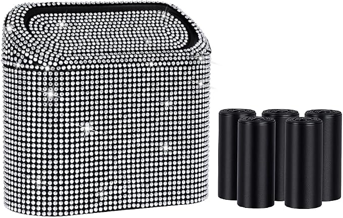 Car Trash Can with Lid, Bling Crystal Mini Vehicle Trash Bin Car Dustbin Garbage Organizer, Automotive Garbage Can Bin Trash Container for Auto Cars, Home, Office - White …