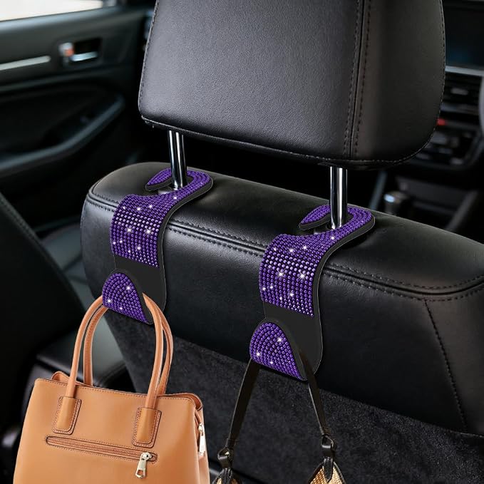 4PCS Bling Car Seat Headrest Hooks, Purse Holder for Car, Vehicle Back Seat Purse Handbag Hanging Holder with Crystal Rhinestone, Diamond Car Rear Seat Organizer for Vehicles (Purple)