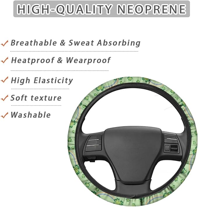Universal Steering Wheel Cover Sweat Absorption Car Steering Wheel Cover Polyester Cover with Anti-Slip Lining for Van Truck Car SUV, St.Patrick's Day Shamrock Rainbow Pattern