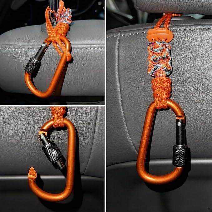 Car Seat Back Hooks 2 Pack - Heavy Duty Rope & Metal Buckle Car Hangers, No Wobble Multi-Purpose Organizer for Grocery Bags, Backpacks, Umbrellas, Trash Bags (Fit Most Vehicles) Orange
