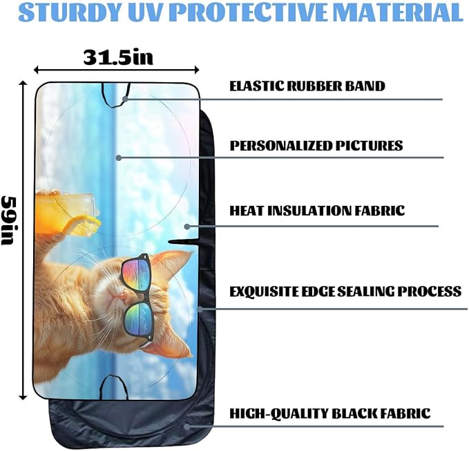 Beach Cat Car Window Sun Shield Funny Cool Summer Animal Kitten Front Window Sun Shade Block UV Rays Sun Shade Visor Protector for Sedan Truck SUV Accessories 59" L x 31.5" W
