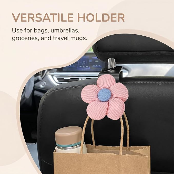 2PCS Car Seat Headrest Hook, Cute Flower Vehicle Backseat Purse Handbag Storage Hanger, Floral Auto Seat Back Holder Hook for Coat Umbrella Grocery, Universal for Vehicles (Pink)