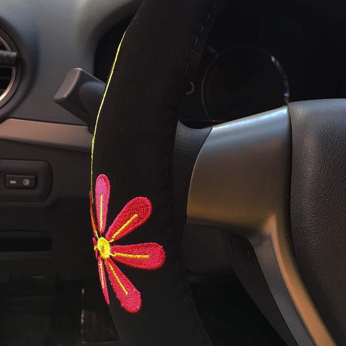 Cute Car Steering Wheel Cover with Embroidery Pattern for Women Girls, Short Flannel, Universal 15 inch (C#)