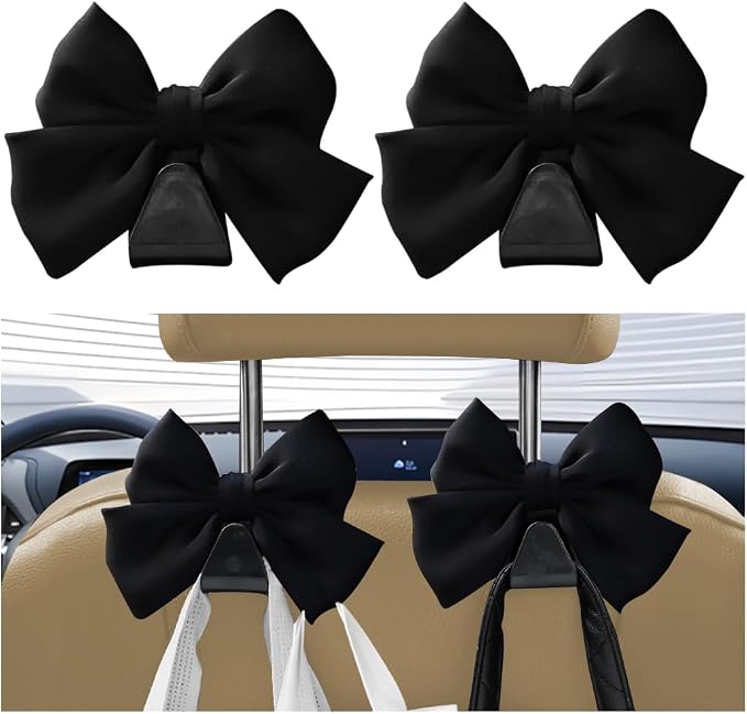 Car Seat Headrest Hook, 2PCS Cute Bow Knot Vehicle Seatback Hanging Storage Organizer, Seat Back Hanger for Purse Coat Umbrella, Universal Automotive Interior Decor Accessories (Black)