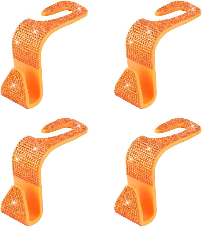 4PCS Bling Car Seat Headrest Hook, Crystal Rhinestone Backseat Hanger Organizer for Purse Handbag Umbrella, Shiny Auto Interior Seat Back Storage Holder Hook, Universal Fit (Orange)