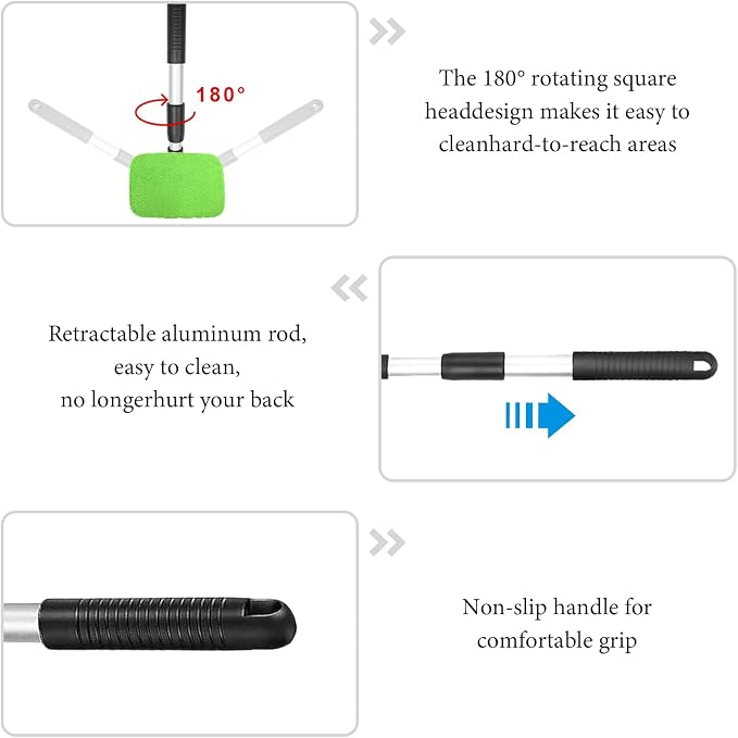 Car Windshield Cleaner Tool, Detachable Car Window Cleaner with Aluminum Extendable Handle & 2 Reusable Cloth Pads, Washable Vehicle Windshield Cleaning Wand for Exterior (Green)