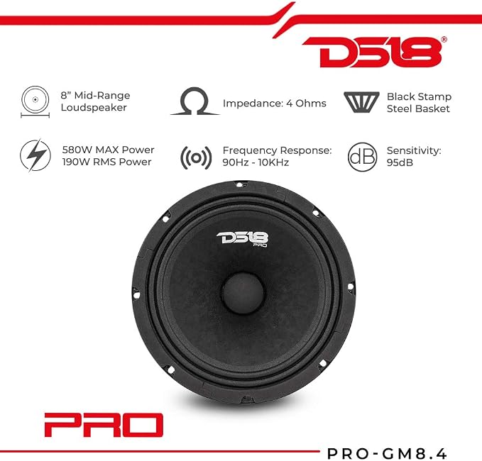 PRO-GM8.4 Loudspeaker - 8", Midrange, Black Steel Basket, 580W Max, 190W RMS, 4 Ohms - Premium Quality Audio Door Speakers for Car or Truck Stereo Sound System (1 Speaker)