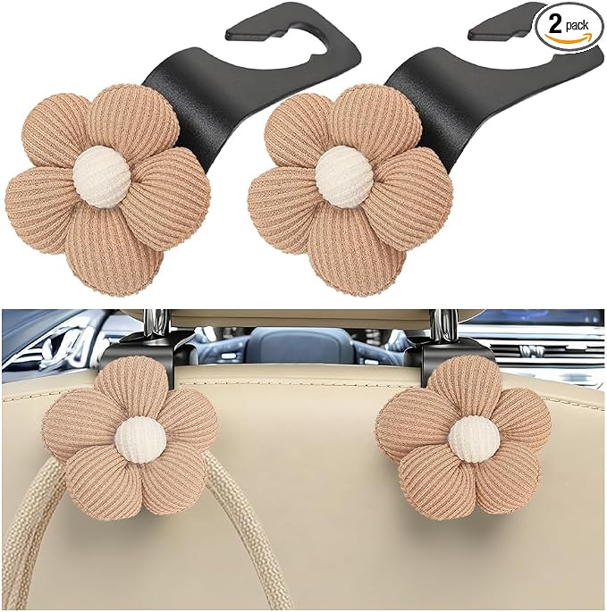 2PCS Car Seat Headrest Hook, Cute Flower Vehicle Backseat Purse Handbag Storage Hanger, Floral Auto Seat Back Holder Hook for Coat Umbrella Grocery, Universal for Vehicles (Brown)