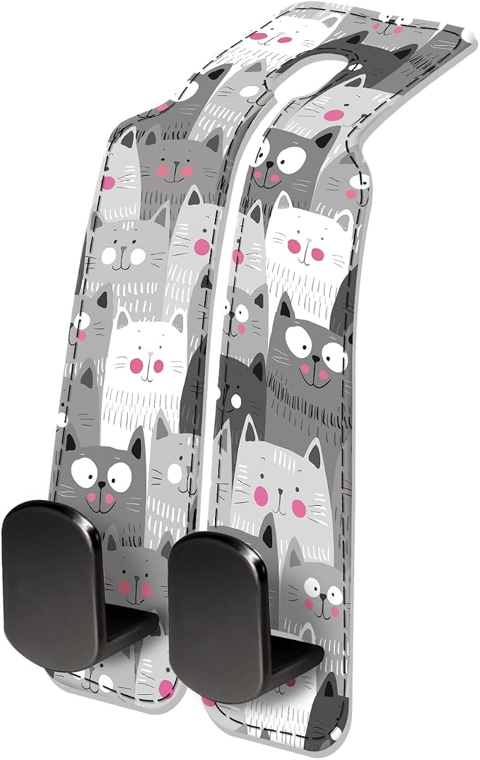 Car Seat Headrest Hook, Universal Leather Cute Hanger Holder Hook, Storage Organizer Interior Accessories for Purse Bags Handbag Funny Grey Cats