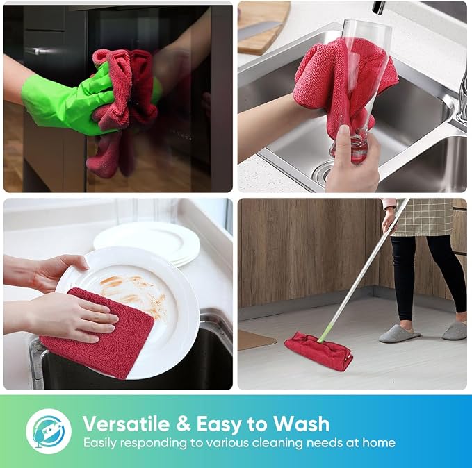 Red Microfiber Cleaning Cloth, 12 Pack Premium Microfiber Towels for Cars, Lint Free, Scratch-Free, Highly Absorbent, Reusable Cleaning Rags for Car, Household, Kitchen, Window, 11.5"X11.5"