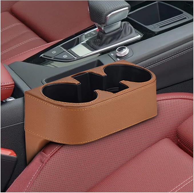 ZIMISI Car Cup Holder, Leather Front Console Gap Filler Organizer (Brown) | Car Seat Gap Filler Storage Box, Multifunctional Car Cup Drink Holder, Coin Bucket, Cell Mobile Phone Holder