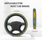 Hippie Daisy Flower Steering Wheel Cover for Women Men with 2 Pcs Car Coasters, Universal 14.5-15 Inch Rainbow Steering Wheel Covers Non-Slip Car Accessories for Girls