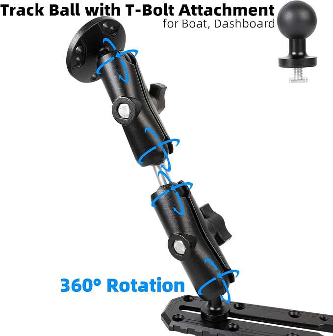 AMPS Round Plate Drill Base for Fish Finder, T-Bolt Track Mount with Aluminum Long Arm Extension for Garmin Striker 4 / Plus 4 / Vivid 4cv, Compatible with RAM Mounts/GPS Chartplotter Holder/Boat
