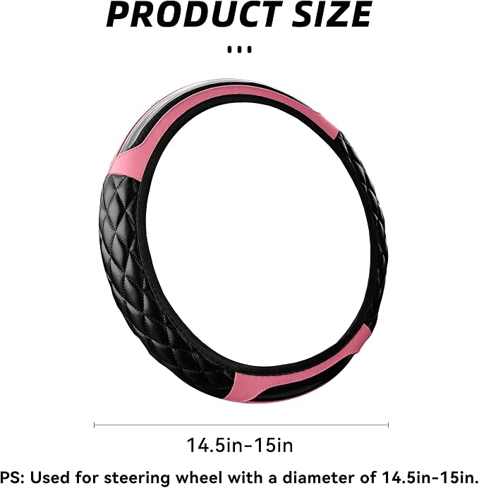 Car Steering Wheel Cover, 14.5-15inch Leather Anti-Slip Car Wheel Cover Protector, Safety Comfortable Desgin, Universal Auto Steering Wheels Accessories for Cars Truck SUV (Pink)