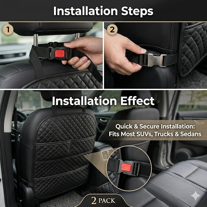 Car Seat Protector, Waterproof Oxford Backseat Kick Mat | 210D oxford cloth, waterproof & stain-resistant. Universal fit for cars & SUVs. Easy install, adjustable straps with pockets.