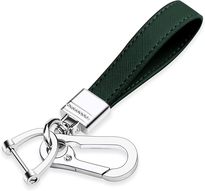 Genuine Leather Car Keychain,Universal Heavy Duty Metal Key Chain Accessories,Car Fob Key Keychain Holder with 360 Degree Rotatable Snap Swivel and Anti-Lost D-Ring for Men Women(Dark Green)
