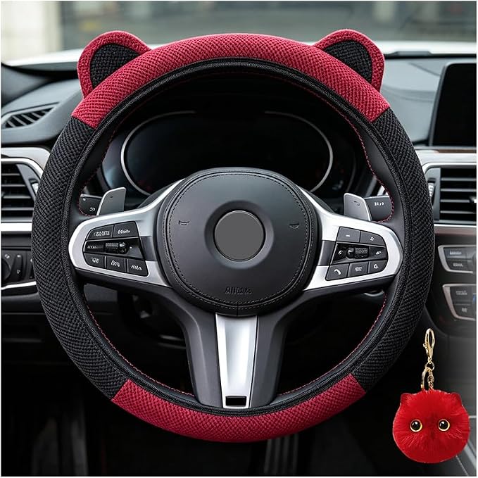Steering Wheel Cover with Ears Keychain Fit 14-15 inch Black Red | Cute Car Steering Wheel Covers for Women Girls Elastic Breathable Steering Wheel Protector Accessories Universal Size
