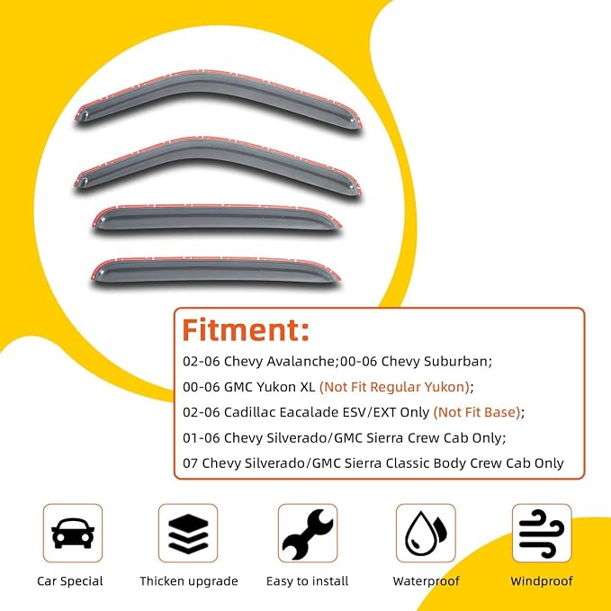 Window Visor Rain Guards Compatible with 1999-2007 Chevy/GMC/Cadillac Crew Cab, Window Wind Deflector Vent Visors for Trucks Accessories Outside Mount Tape-On 4 Pieces