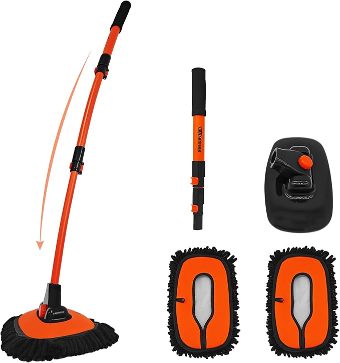 Car Wash Brush, 43" Extendable Car Wash Brush Mop with Long Handle, 15 Degree Curved Soft Car Washing Brushes with Extra Microfiber Brush Head for Truck SUV Cleaning, Orange