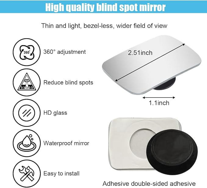 Rectangle Blind Spot Car Mirror - 2" Frameless HD Glass Convex Mirror - 360 Degree Wide Angle Rear View Mirror Side Mirror with Adjustable Stick for Car SUV Truck (Rectangle/2PCS)