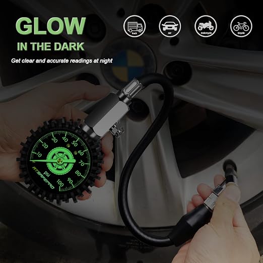 Tire Pressure Gauge 100psi Glow in The Dark, 2.5” Dial Mechanical Tire Gauges for Tire Pressure, Certificated Accuracy Analog Air Pressure Gauge for Cars, Trucks, Bicycles.