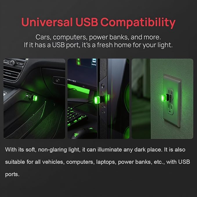2PCS USB LED Car Interior Atmosphere Lamp, Portable Mini, Green | 5V USB-A plug-in, soft accent glow, no wiring, decor night light, car accessories for cars, SUVs, trucks