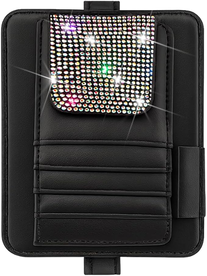 Bling Car Sun Visor Organizer, Multi Pocket Crystal Rhinestone Vehicle Sunshade Card Sleeve Storage Pouch with Pen Sunglass Holder, Auto Visor Organizer Pouch, Universal Fit (Multicolour)