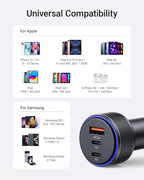 USB C Car Charger,90W 3-Port Dual USB-C & USB-A Car Power Adapter,Includes a Fast Charging Cable for iPhone 16/15/14/13/12/11/Pro Max, iPad, Samsung Galaxy, Google Pixel and Android Devices