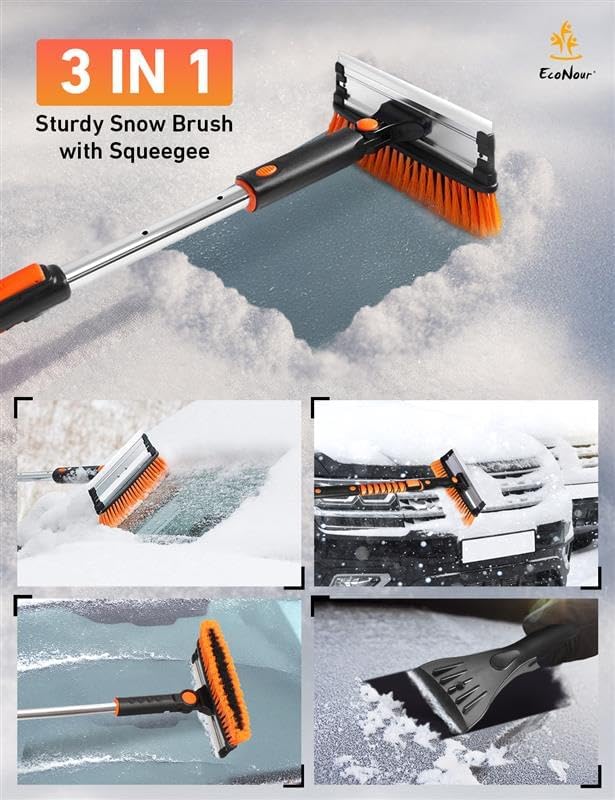 49" Extendable Squeegee Snow Brush and Ice Scraper for Car Windshield & Windows | 270° Telescopic Snow Broom with Pivoting Squeegee | Heavy Duty Car Snow Removal Tool for SUV, Truck & Car